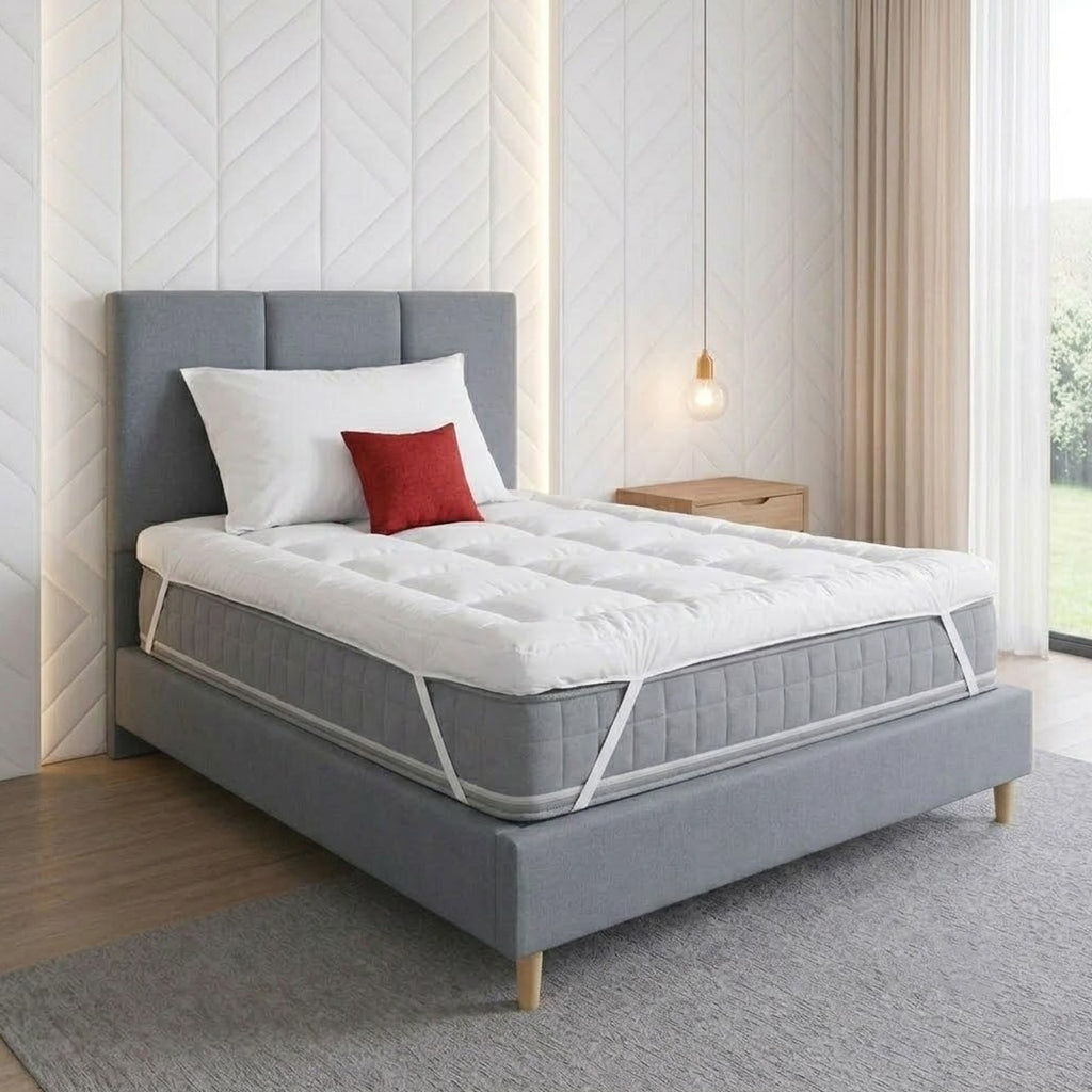 a mightysoft single mattress topper elastically strapped to the grey mattress firmly on a wooden bed
