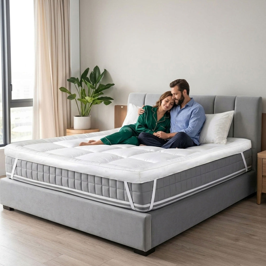 Couple sitting on a mattress in a bedroom with a plant and window in the background