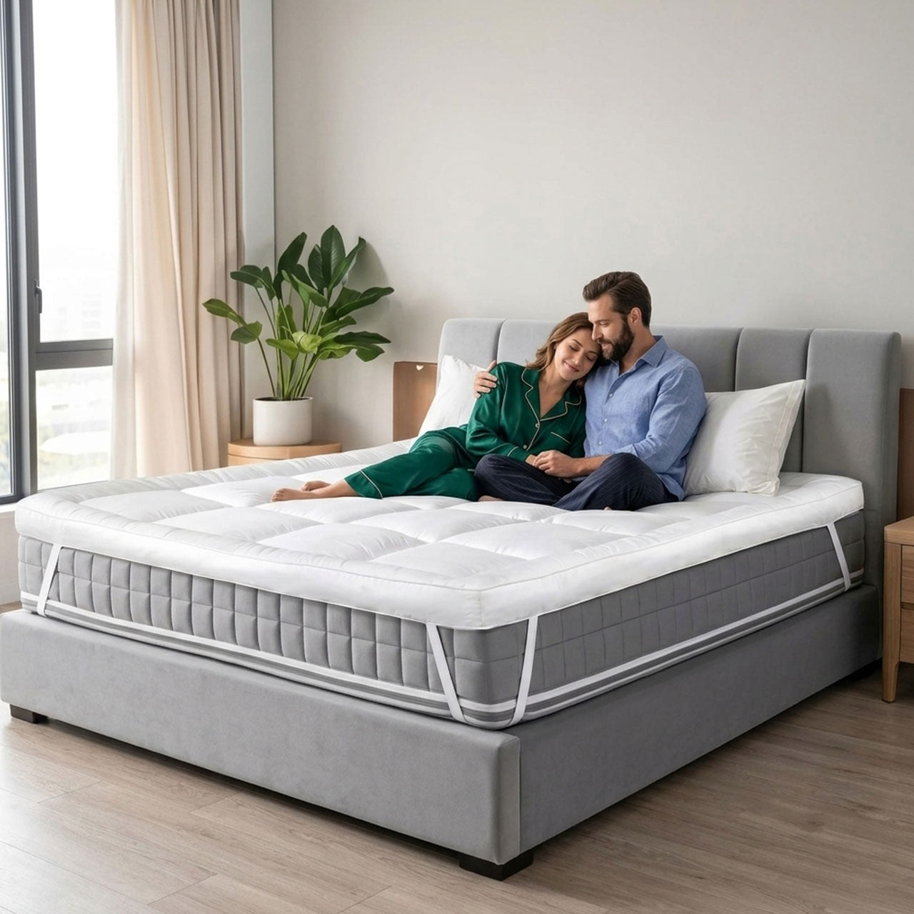 Couple sitting on a mattress in a bedroom with a plant and window in the background