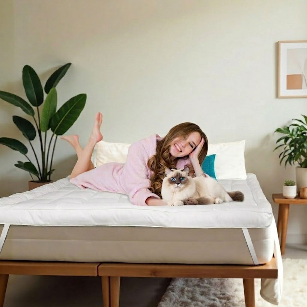 Woman lying on a bed with a cat in a cozy room with plants and a plant stand.