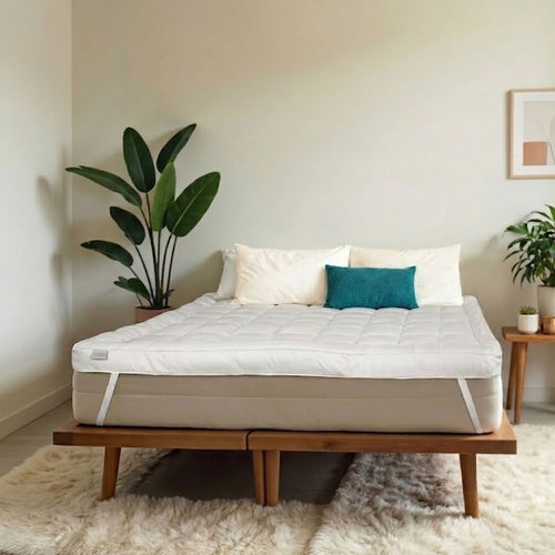 Mattress on a wooden platform in a room with plants and a rug.