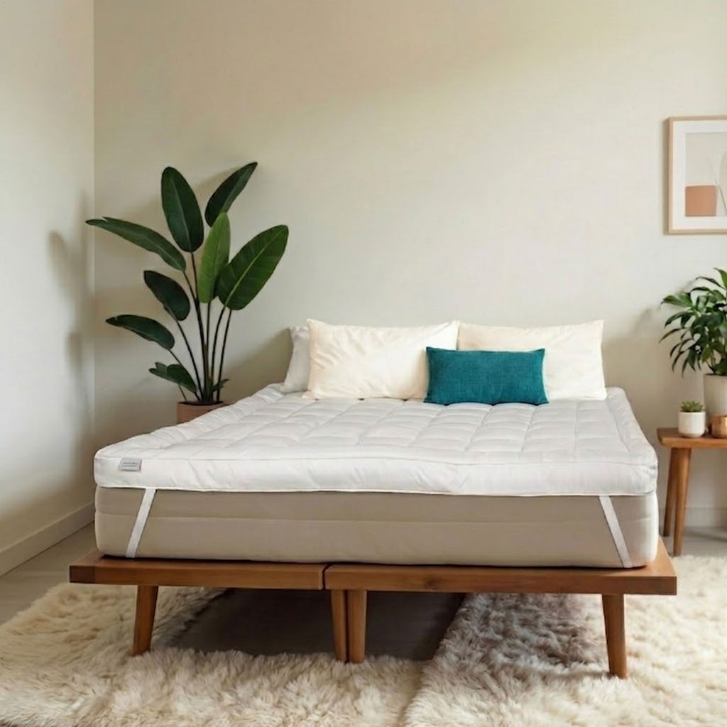 Mattress on a wooden platform in a room with plants and a rug.