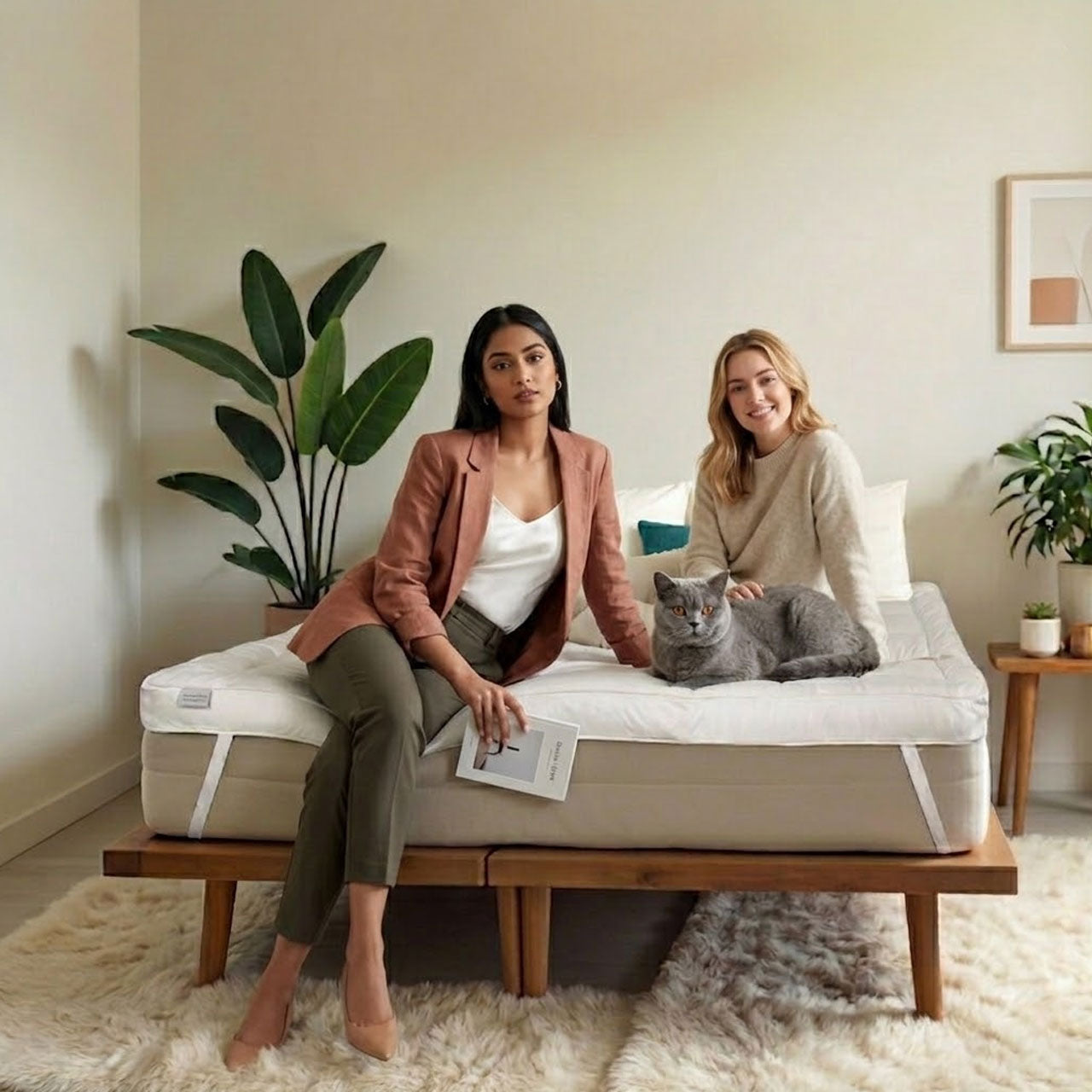 Two women sitting on a bed with a gray cat in a cozy room.