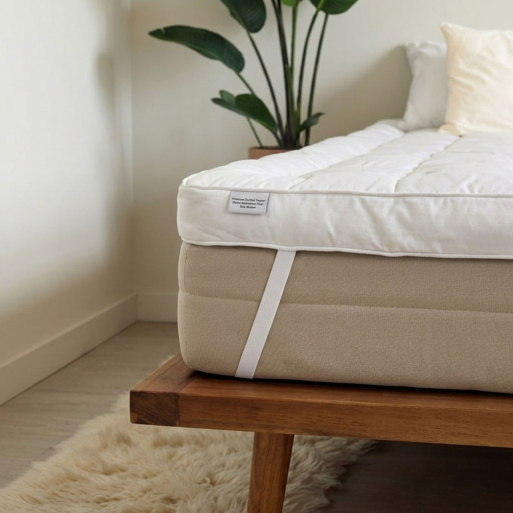 Mattress on a wooden platform with a plant and pillow in the background