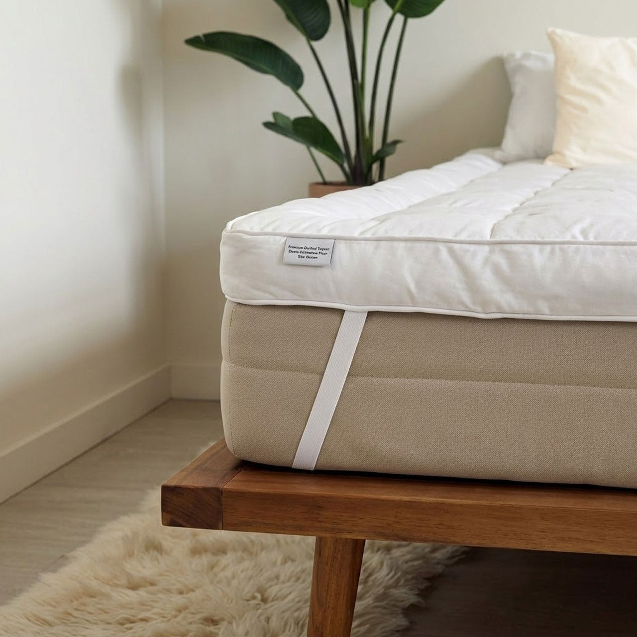 Mattress on a wooden platform with a plant and pillow in the background