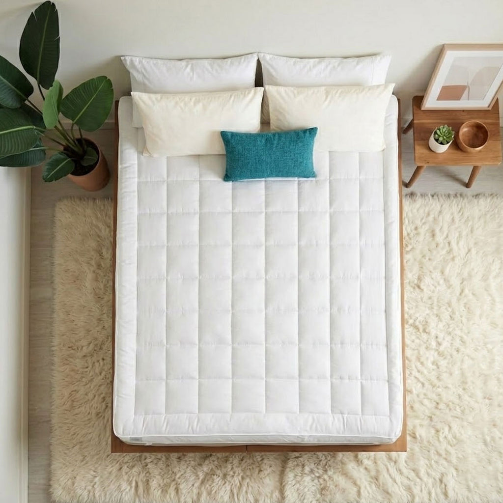 White mattress cover on a bed with a teal pillow and plant in the corner.