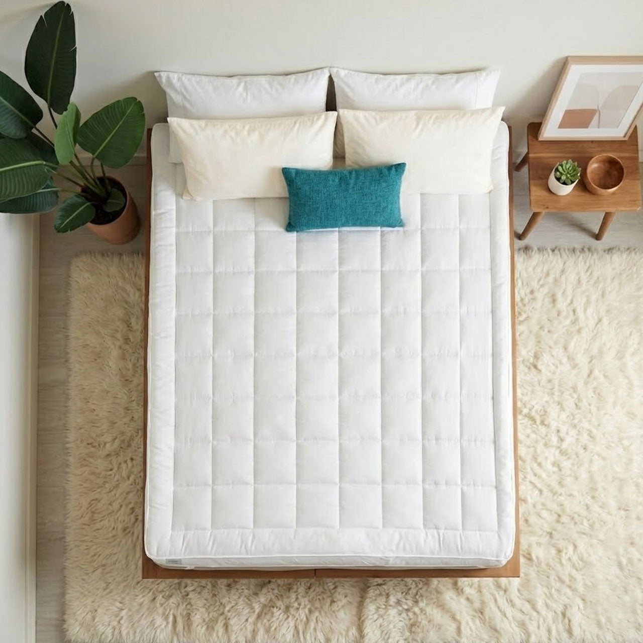 White mattress cover on a bed with a teal pillow and plant in the corner.