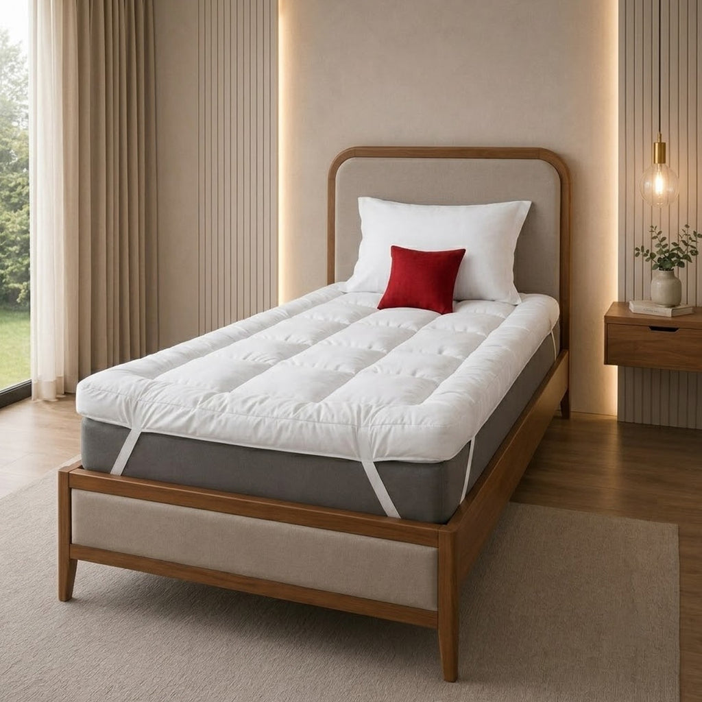 A small double bed with a white quilted bed topper and a gray mattress, styled in a modern bedroom with a wooden frame, beige headboard, white and red pillows, and warm ambient lighting.