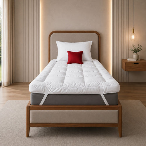 A white quilted mattress topper or bed pad with a gray mattress base, styled on a wooden bed frame in a modern, warm-toned bedroom. The bed is adorned with a white pillow, a red accent pillow, and a beige headboard and footboard.