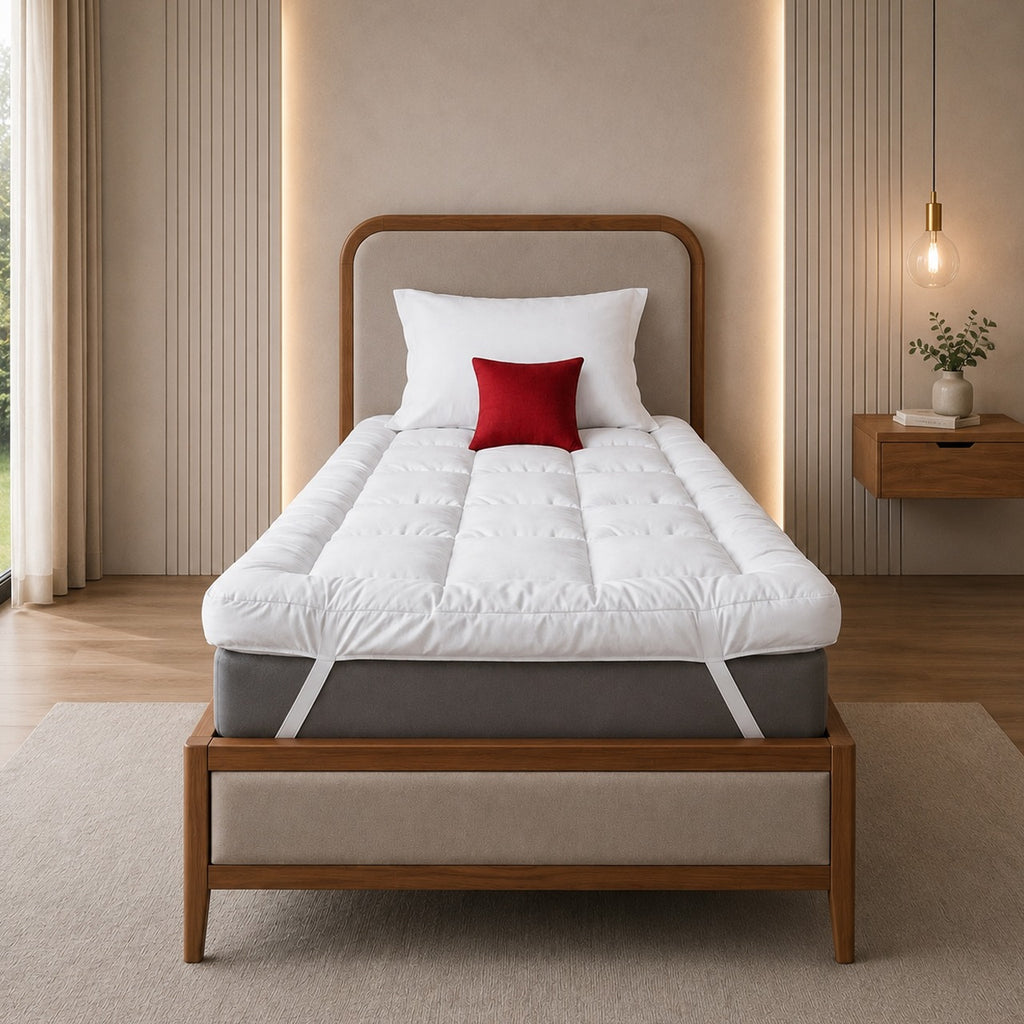 A white quilted mattress topper or bed pad with a gray mattress base, styled on a wooden bed frame in a modern, warm-toned bedroom. The bed is adorned with a white pillow, a red accent pillow, and a beige headboard and footboard.