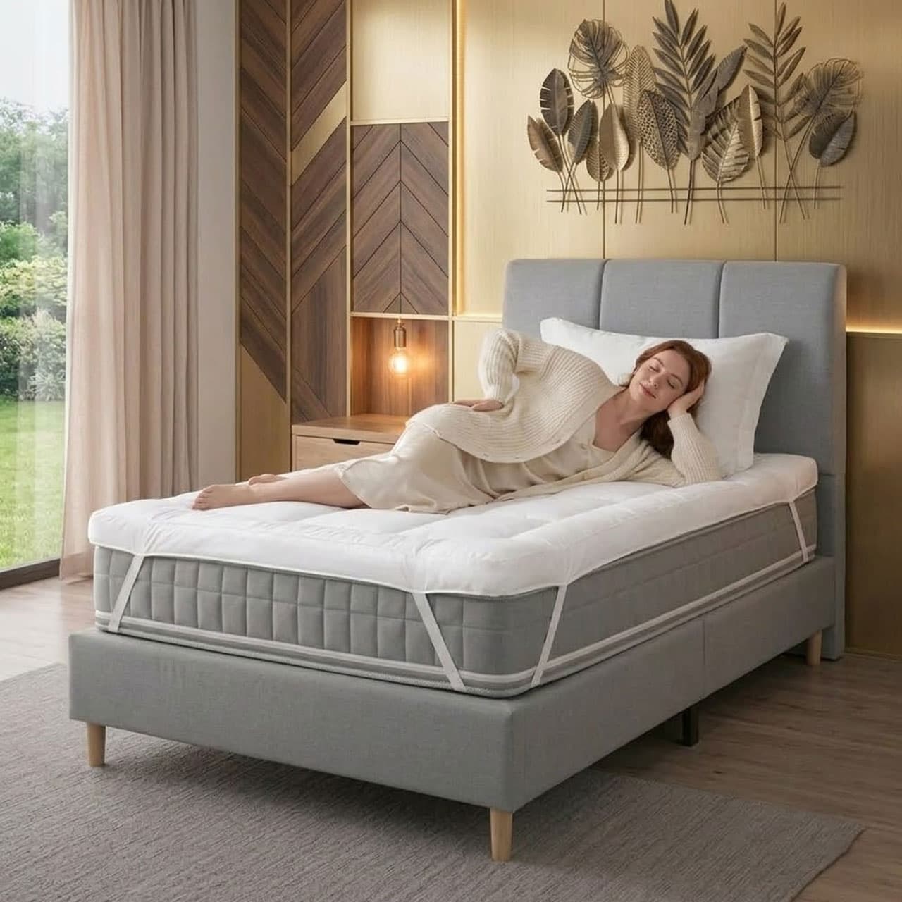 Woman lying on a bed with a single mattress topper in a bedroom setting