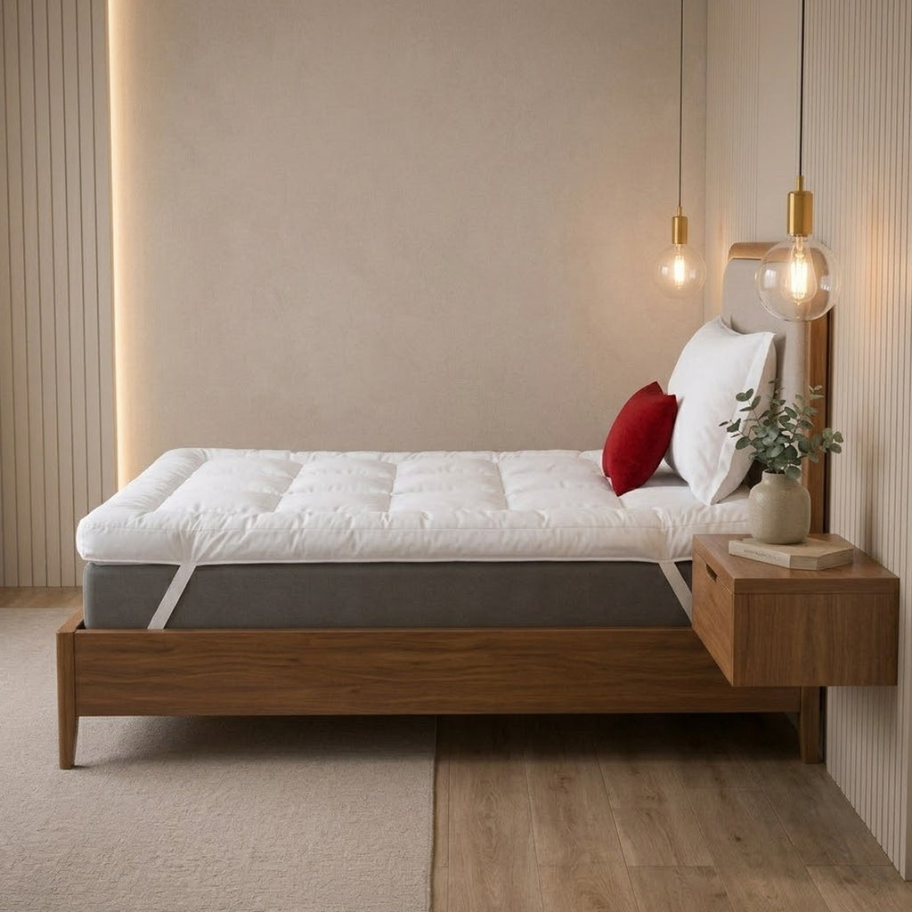 A modern wooden bed frame with a white quilted mattress topper, styled in a minimalist bedroom with a matching wooden nightstand, warm pendant lights, and a red accent pillow.