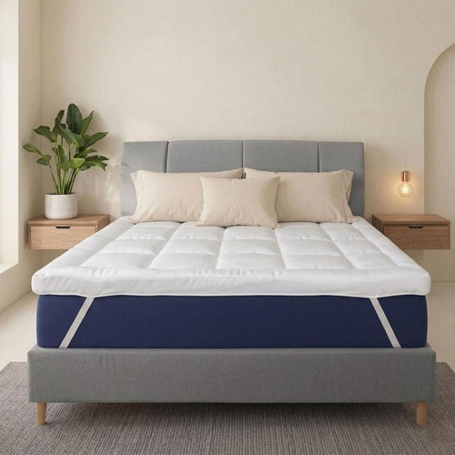MightySoft 180 x 200 cm Super King mattress topper neatly fitted onto a premium bed frame, showing clean square quilted pockets.