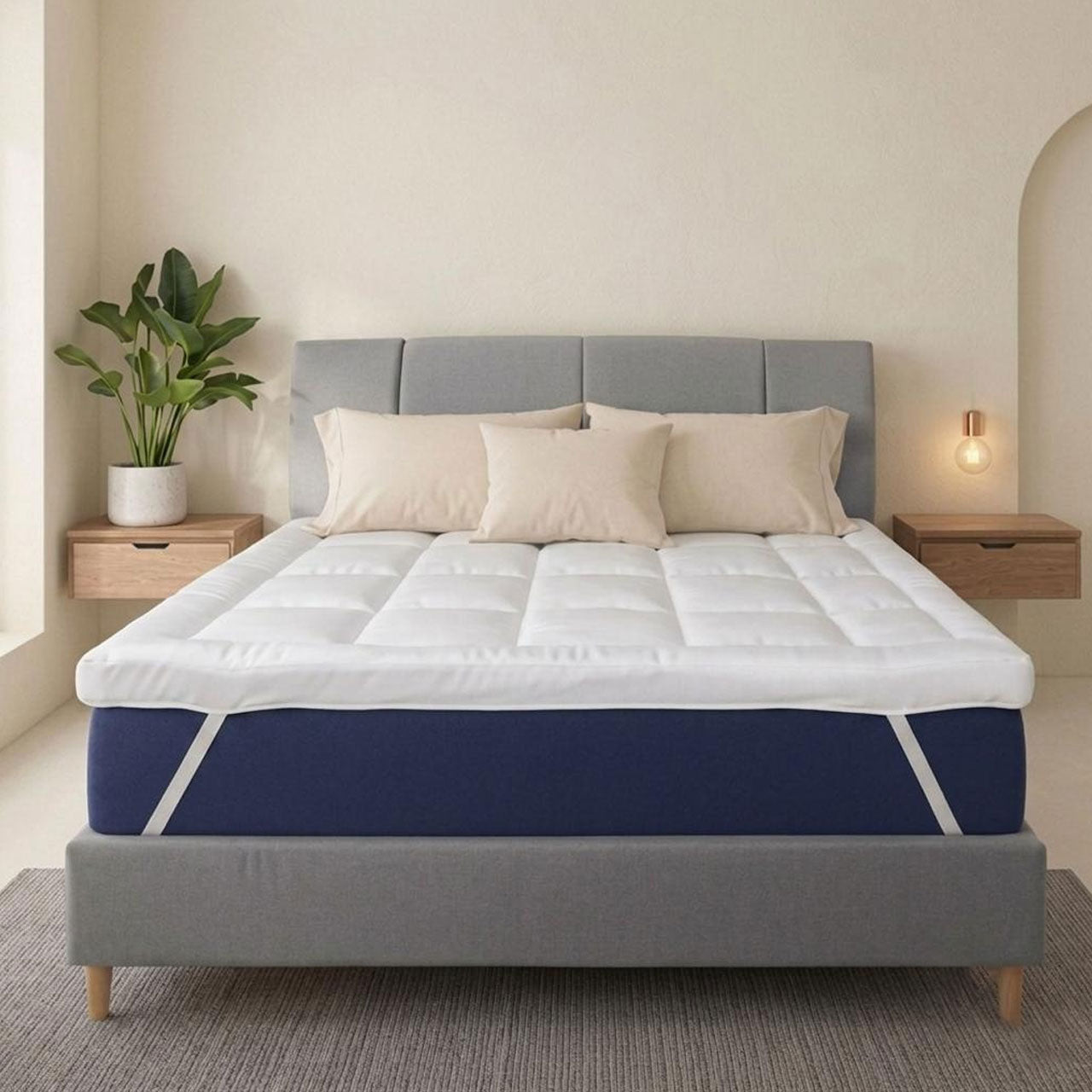 MightySoft 180 x 200 cm Super King mattress topper neatly fitted onto a premium bed frame, showing clean square quilted pockets.