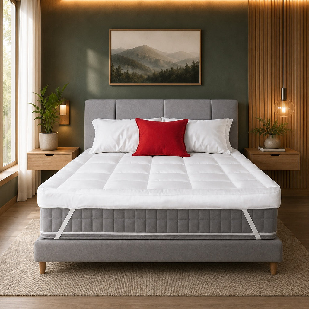 MightySoft 180 x 200 cm Super King mattress topper neatly fitted onto a premium bed frame, showing clean square quilted pockets