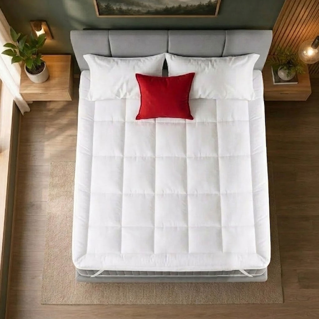 A top-down view of a bed with a white quilted mattress topper, two white pillows, and a single red accent pillow, set in a modern bedroom with wooden flooring and bedside tables.