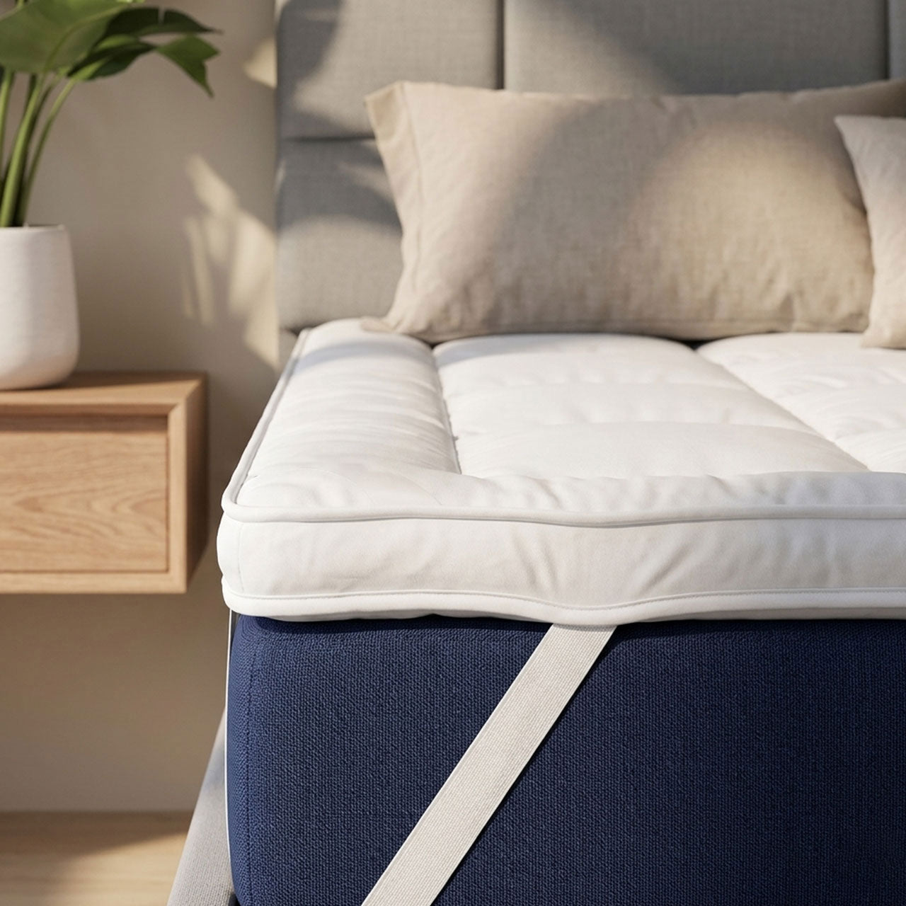 Durable white elastic corner strap on the MightySoft Super King mattress topper tightly securing it beneath a deep mattress.