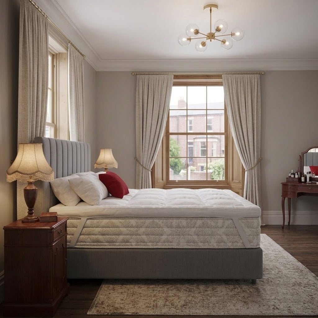 Side view of the white mattress pad on a bed with red and white pillows, in a cozy bedroom setting.