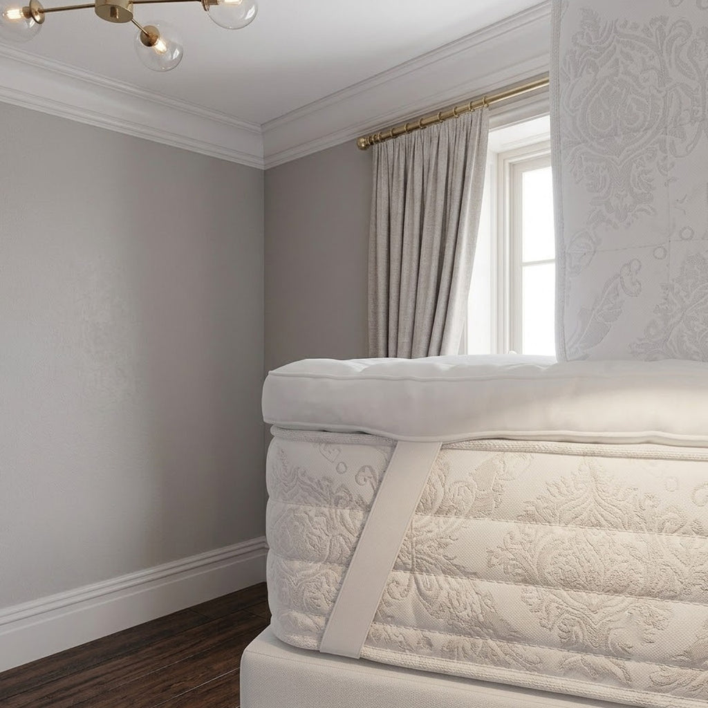 Closeup of a white mattress topper to an off white double mattress in a bedroom.