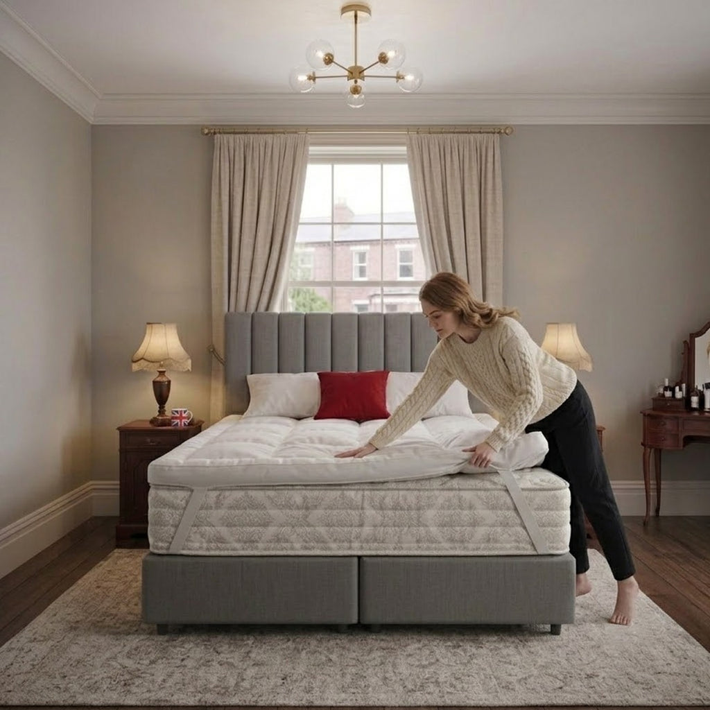 A woman is placing mattress topper over double mattress on a grey bed in a cozy bedroom.