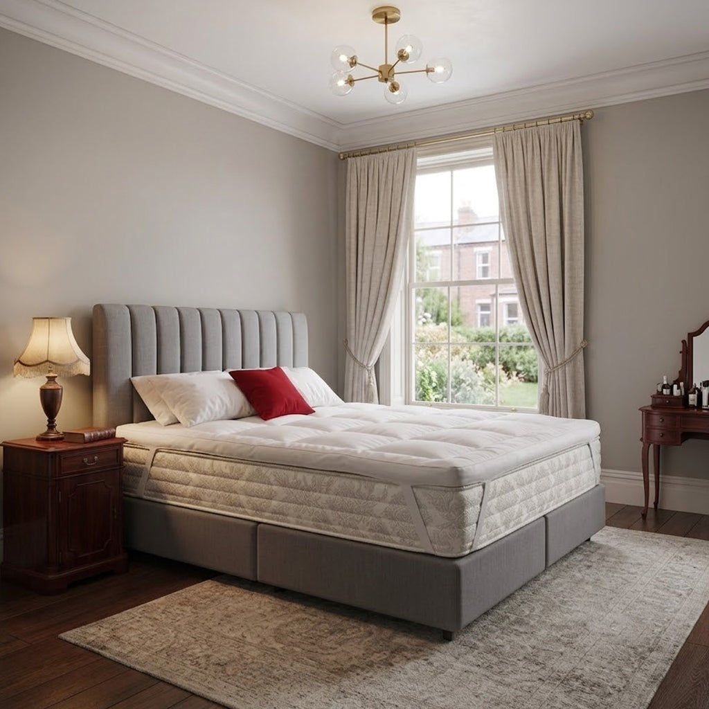 A side view of a bed with white mattress cover, red pillow, and gray headboard in a bedroom setting.