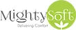 Mighty Soft logo with brand name and tagline on a green background