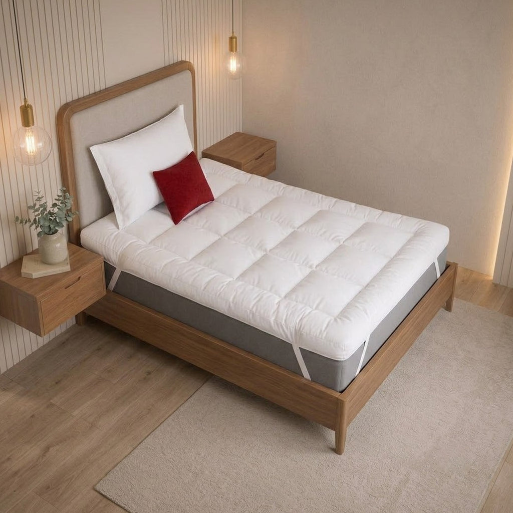 A white quilted mattress topper or bed pad displayed on a wooden bed frame in a modern, warm-toned bedroom setting.