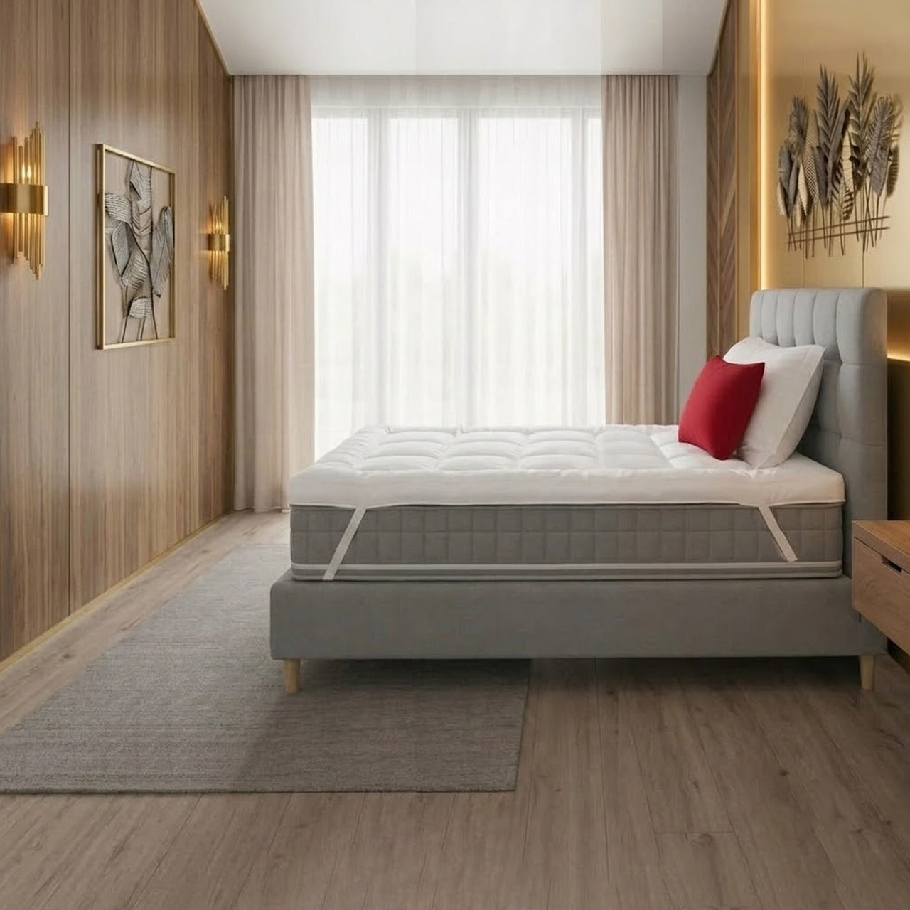 side view of a white small single mattress topper strapped to a grey mattress in a coxy bedroom setting