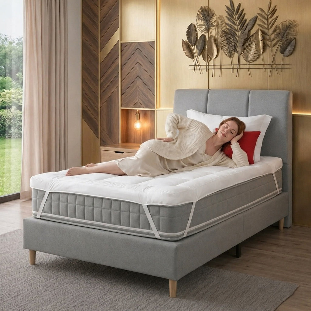 a lady is laying peacefully on the small single mattress topper