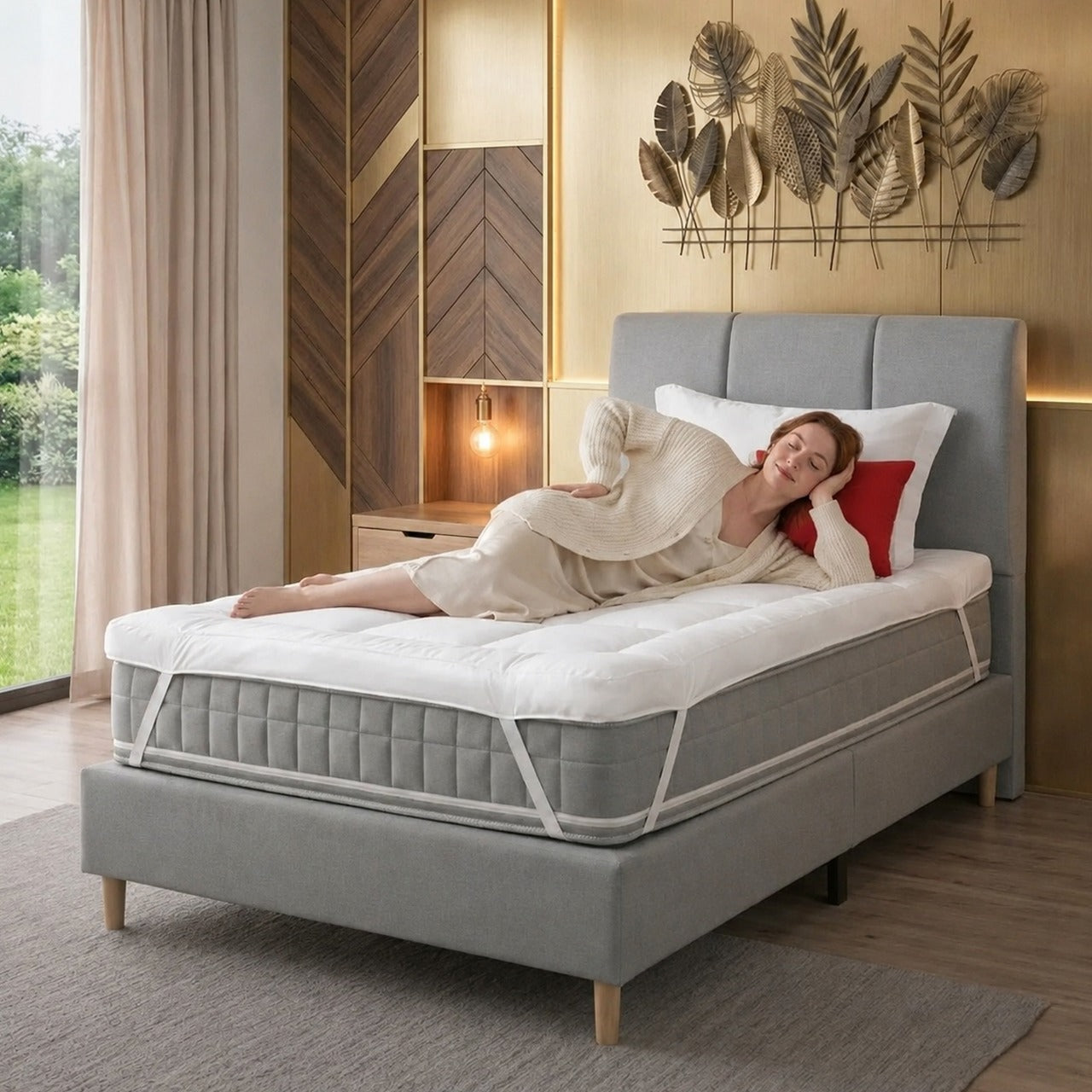 a lady is laying peacefully on the small single mattress topper