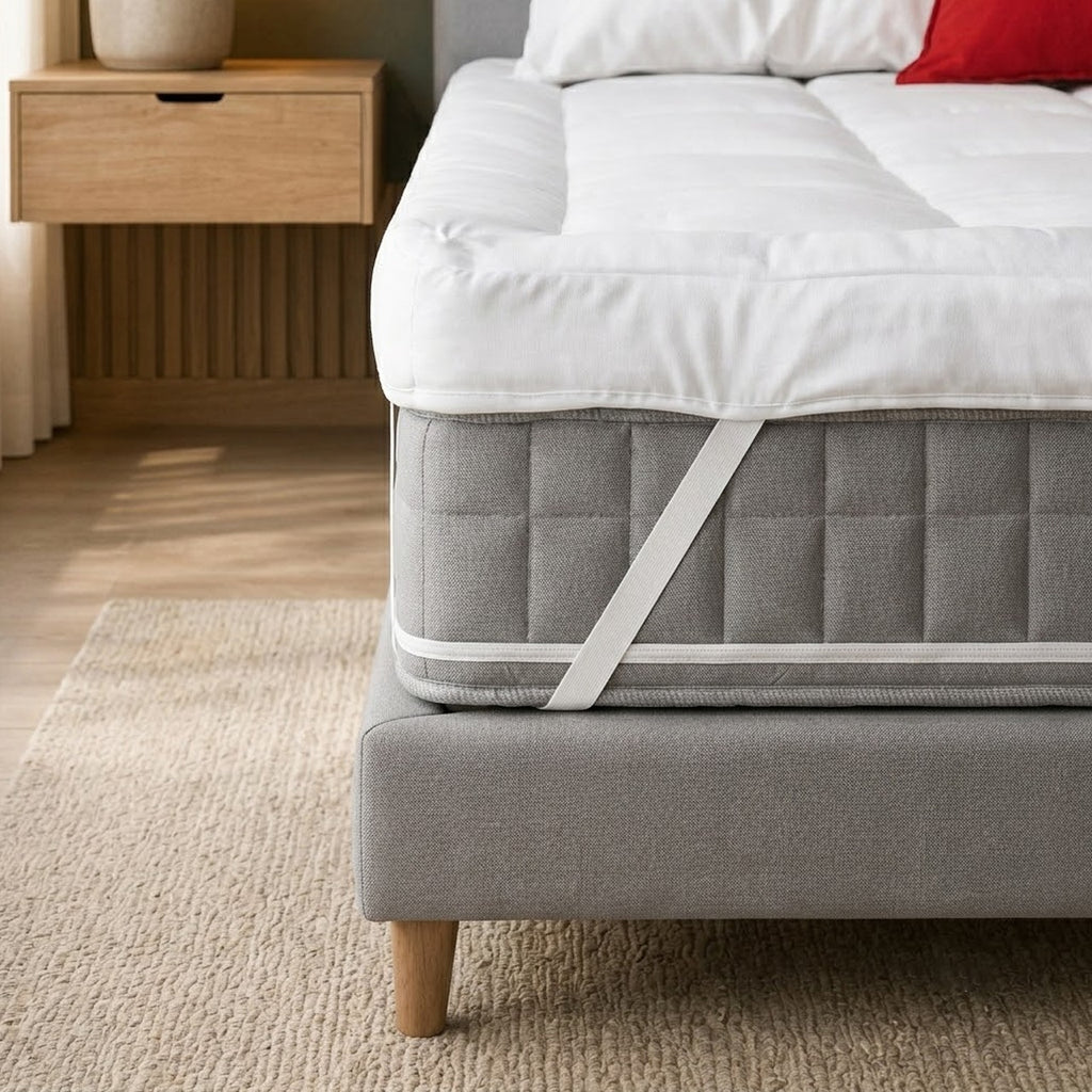 Durable white elastic corner strap on the MightySoft Super King mattress topper tightly securing it beneath a deep mattress.