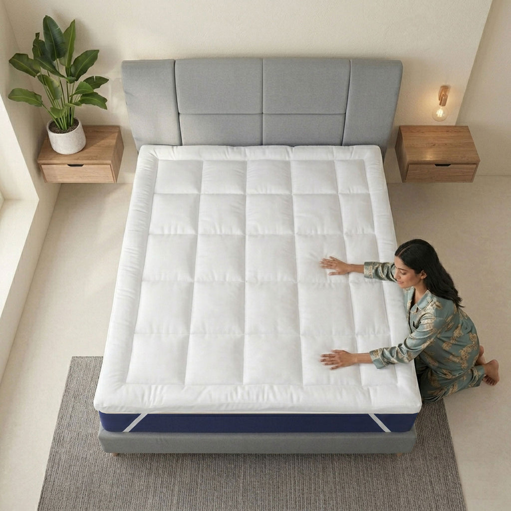 A hand pressing down into the 10cm extra deep cushion of a MightySoft mattress topper to demonstrate slow-rebound pressure relief.
