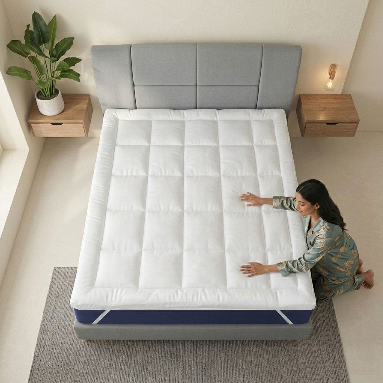 A hand pressing down into the 10cm extra deep cushion of a MightySoft mattress topper to demonstrate slow-rebound pressure relief.